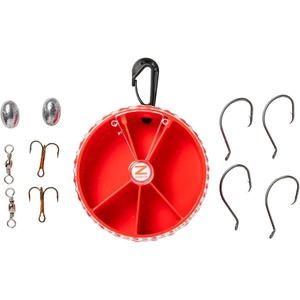 image:imageZebco Catfish Fishing Tackle Dial Pack 10 Total Pieces Hooks Sinkers Swivels Treble Hooks 360Degree Rotating Carabiner Rotating Locking Clear Plastic Lid Red