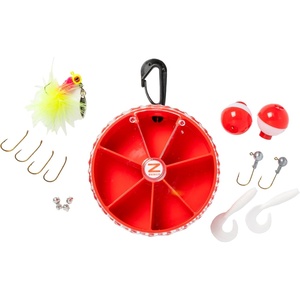 image:imageZebco CrappiePanfish Fishing Tackle Dial Pack 15 Total Pieces Hooks Sinkers Bobbers Jig Heads Grubs Marabou Jig 360Degree Rotating Carabiner Rotating Locking Clear Plastic Lid Red