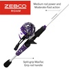image:imageZebco Roam Spincast Reel and Fishing Rod Combo 6Foot 2Piece Fiberglass Fishing Pole with ComfortGrip Handle Quickset AntiReverse Fishing Reel PreSpooled with 10Pound Zebco LinePrism Purple