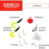 image:imageZebco Pond Fishing Tackle Dial Pack 14 Total Pieces Hooks Sinkers Bobber Jig Heads Inline Spinner Paddle Tail Grubs 360Degree Rotating Carabiner Rotating Locking Clear Plastic Lid Red