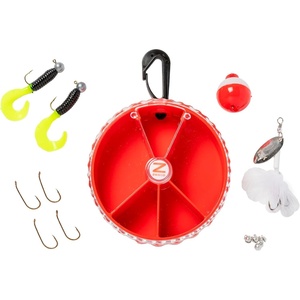 image:imageZebco Pond Fishing Tackle Dial Pack 14 Total Pieces Hooks Sinkers Bobber Jig Heads Inline Spinner Paddle Tail Grubs 360Degree Rotating Carabiner Rotating Locking Clear Plastic Lid Red