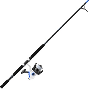 image:imageZebco Salt Fisher Bite Alert Spinning Reel and Fishing Rod Combo 7Foot 2Piece MediumHeavy Power Moderate Action Fiberglass Rod 60Size Reel RightLeft Retrieve 20Pound Line BlueWhiteBlack